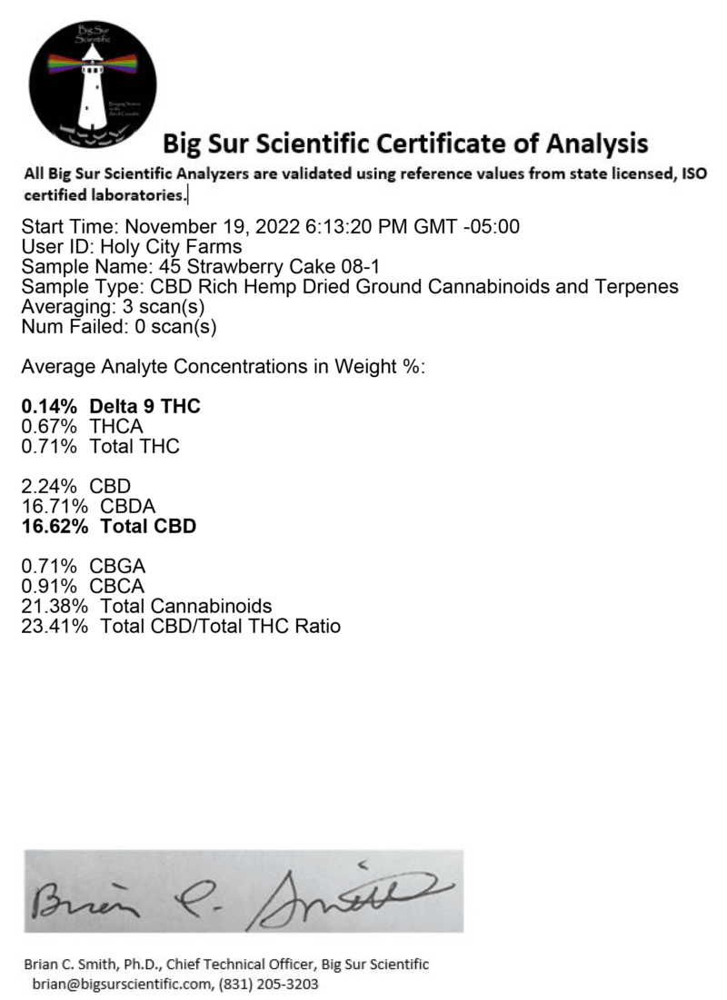 Strawberry Cake CBD Hemp Flower Certificate of Analysis